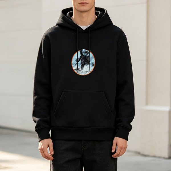 Black hoodie with a snowy warrior graphic print