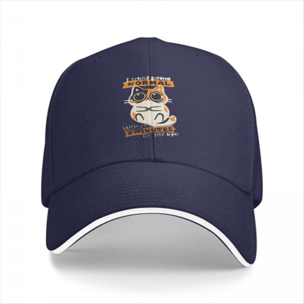 Black baseball cap with 'I tried being normal' calico cat graphic