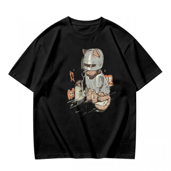 Olive Green T-Shirt With Cat In Robot Helmet Graphic Print