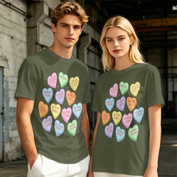 Olive T-shirt with Princess Bride themed conversation heart candies