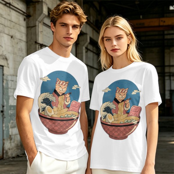 Cat Chef Eating Ramen in Great Wave Bowl T-Shirt