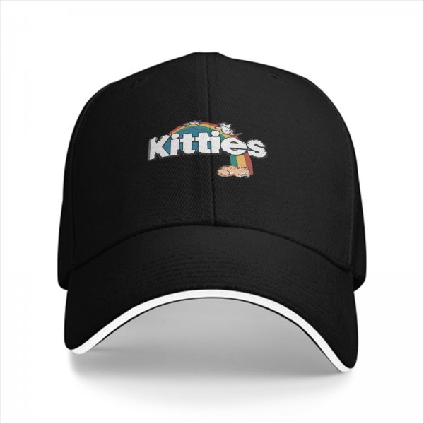 Black baseball cap with kitties and rainbow graphic