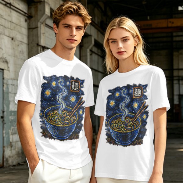 Olive t-shirt with starry night ramen bowl graphic