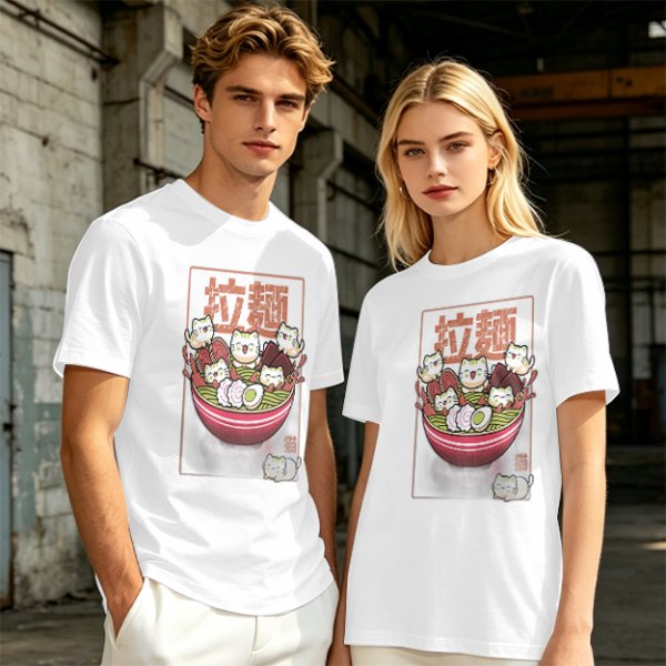 Olive T-Shirt With Cute Ramen Cat Bowl Graphic Print