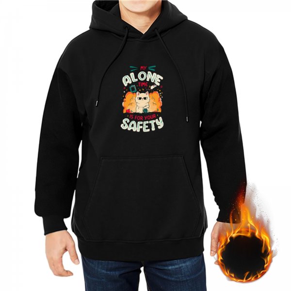 Black hoodie with 'My Alone Time Is For Your Safety' cat graphic