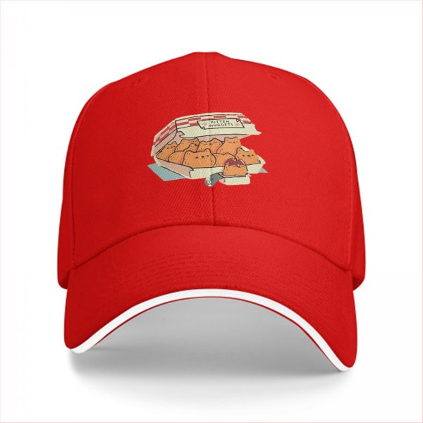 Black baseball cap with kitten nuggets takeout box graphic