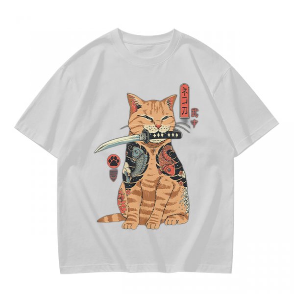 Olive T-Shirt With Samurai Cat Holding Katana And Koi Tattoos