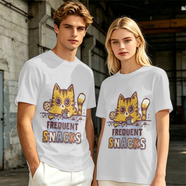 Olive T-Shirt With Cat Eating Snacks Frequent Snacks Print