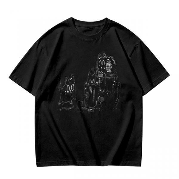 Olive Green T-Shirt With Playful Black Cat Graphic Print