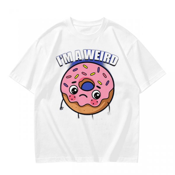 Olive green t-shirt with sad donut graphic and 'I'M A WEIRD' text