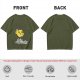 Olive green t-shirt with cheerful lemon mascot graphic and make lemonades text