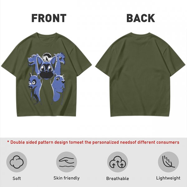 Olive T-Shirt With Blue Fantasy Animal Heads Graphic Print