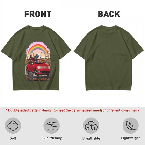 Olive T-Shirt With Red Convertible Car, Rainbow And People Graphic