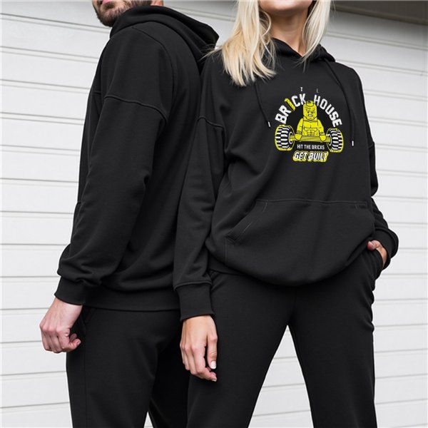 Black hoodie with LEGO brick house graphic and 'Get Built' text