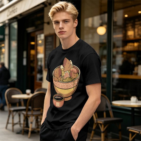 Olive Green T-Shirt With Capybara Ramen Bowl Print