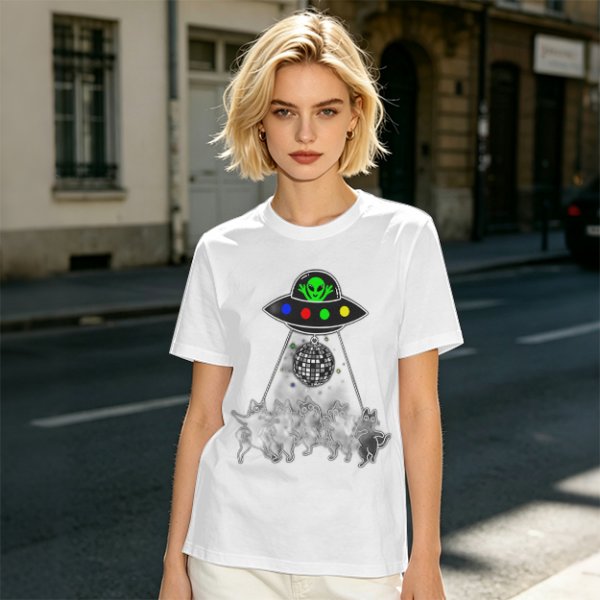 Olive T-shirt with UFO Alien and Disco Dancing Cats Print