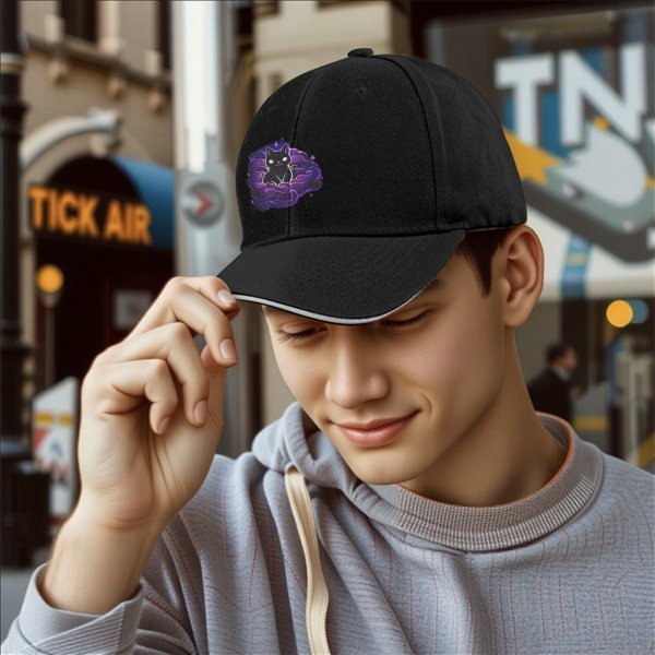 Black Baseball Cap With Purple Galaxy Cloud And Black Cat Print