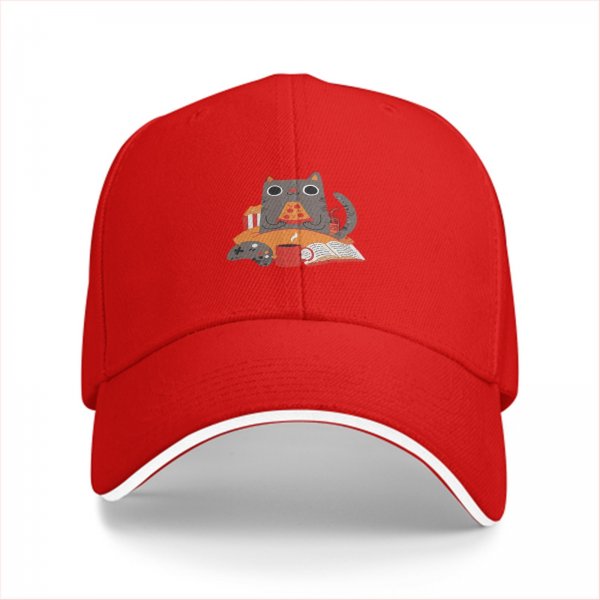 Black baseball cap with a cozy cat pizza snack and game design