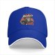 Black baseball cap with devil cat driving flaming car 'Do You Wanna Ride?' print