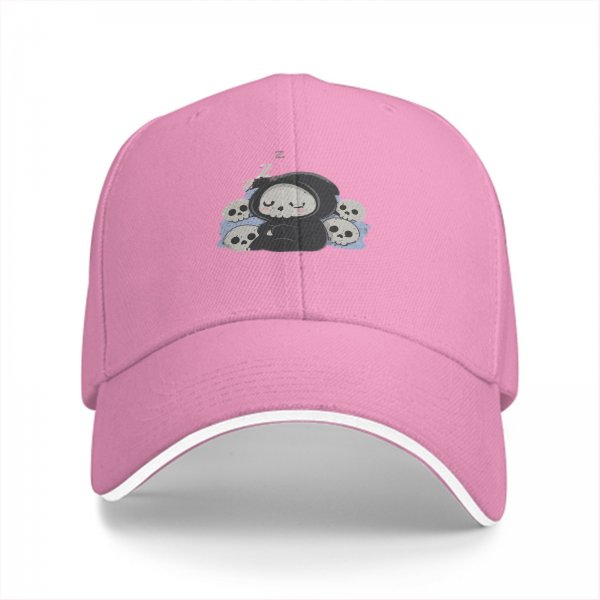 Black baseball cap with cute sleeping grim reaper and skulls graphic