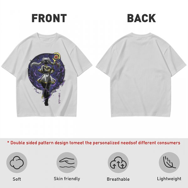 Olive T-shirt with dark anime elf mage holding staff and purple magic circle print
