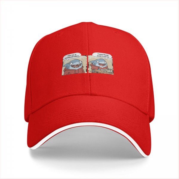 Black baseball cap with funny shark seafood diet meme print