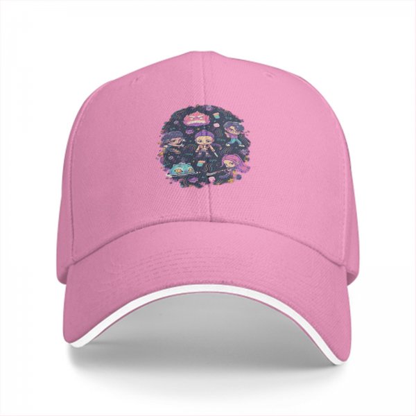 Black Baseball Cap with Cute Chibi Fantasy Character Print