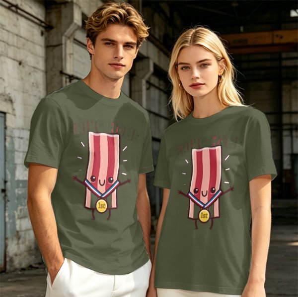 Olive T-Shirt With Cartoon Bacon Champion Medal Print
