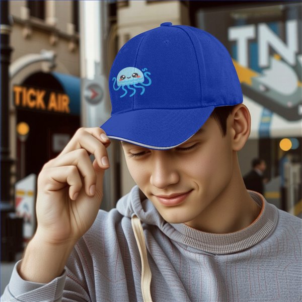 Black Baseball Cap With Cute Kawaii Light Blue Jellyfish Print