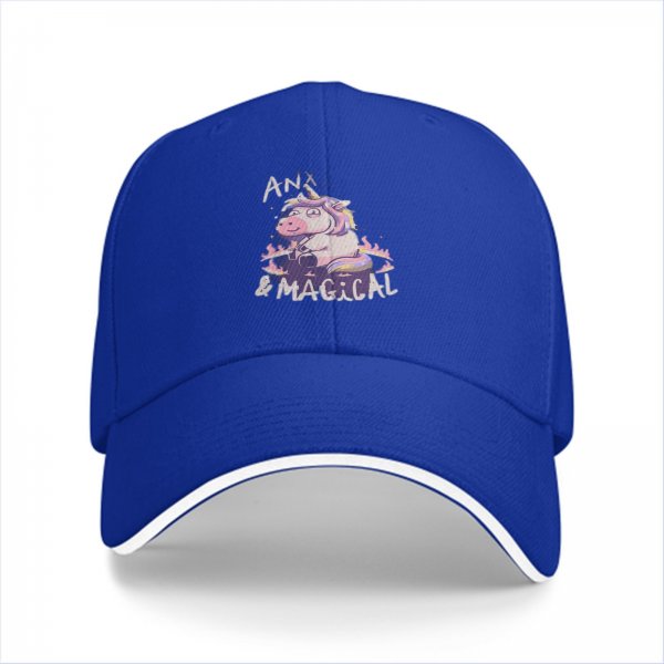 Black baseball cap with anxious unicorn and magical text design