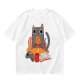 Olive T-Shirt With Cozy Cat Eating Pizza And Gaming Print