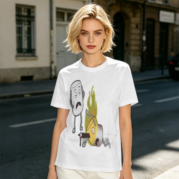 Olive T-Shirt With Cartoon Marshmallow and Burning Character Print