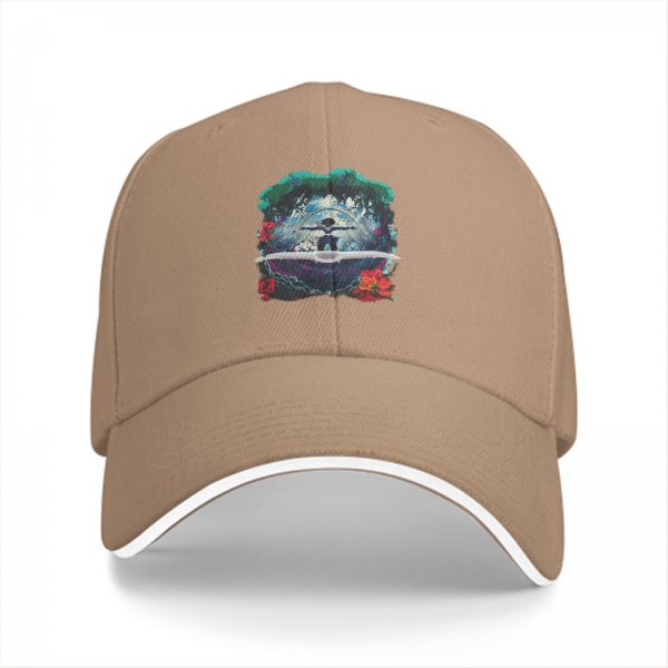 Black Baseball Cap With Fantasy Forest Figure And Red Floral Print