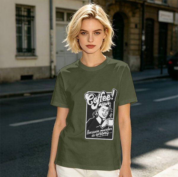 Olive T-Shirt with Retro Coffee Murder Pun Graphic