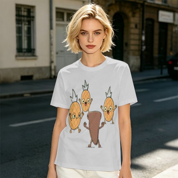 Olive T-Shirt With Cartoon Pineapples And Brown Character Graphic
