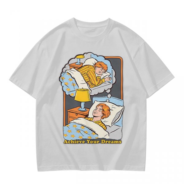 Olive graphic t-shirt with sleeping person and 'Achieve Your Dreams' text