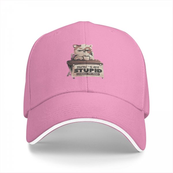 Black baseball cap with grumpy cat 'Humans are Stupid Change My Mind' print