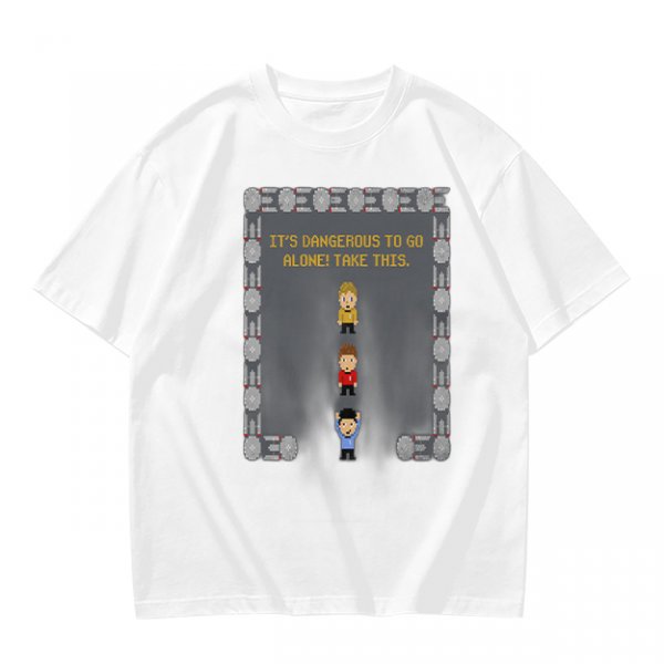 Olive t-shirt with retro video game 'It's dangerous to go alone' print