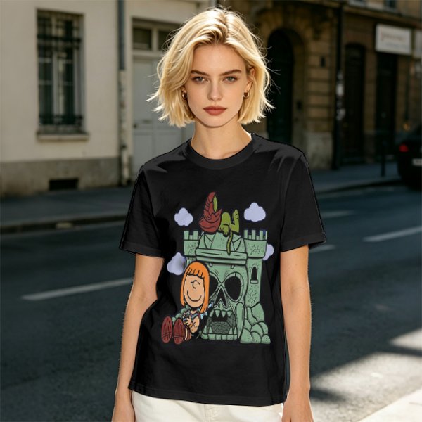 Olive T-shirt with Peanuts-style He-Man Castle Grayskull Graphic