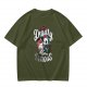 Olive graphic t-shirt with 'I Am Deadly Serious' and unicorn grim reaper art