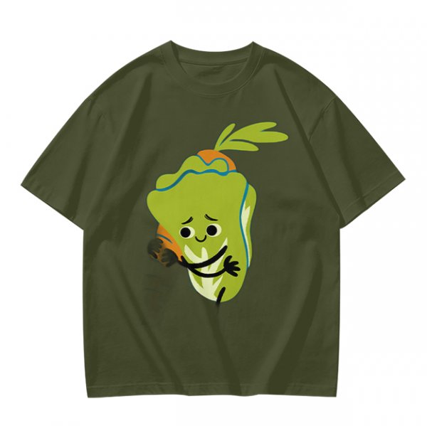Olive Green T-Shirt With Sad Cartoon Cabbage Graphic