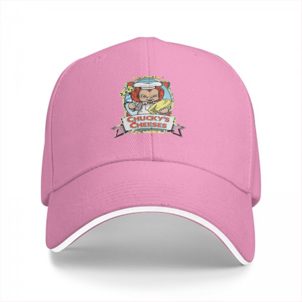 Black baseball cap with Chucky's Cheeses horror chef graphic