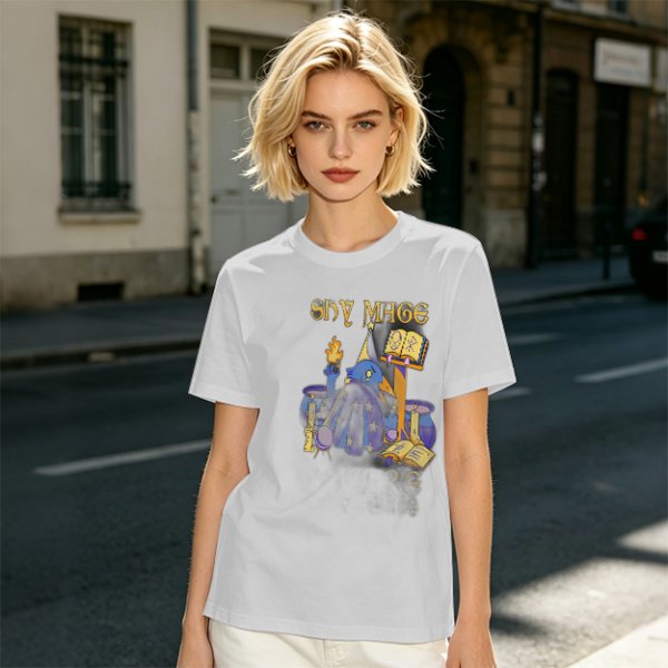Olive T-Shirt with Shy Mage Wizard and Magical Artwork Print
