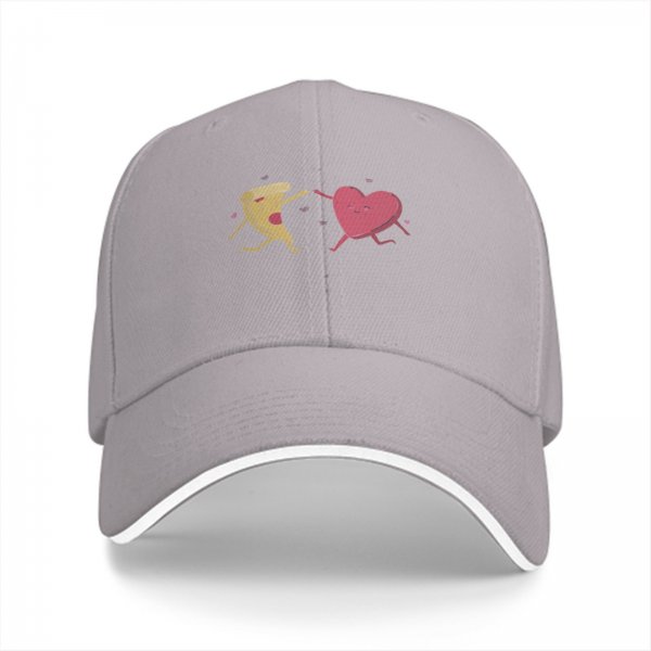 Black baseball cap with dancing pizza slice and pink heart design
