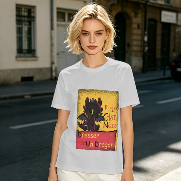 Olive t-shirt featuring Toothless dragon and Chat Noir themed text
