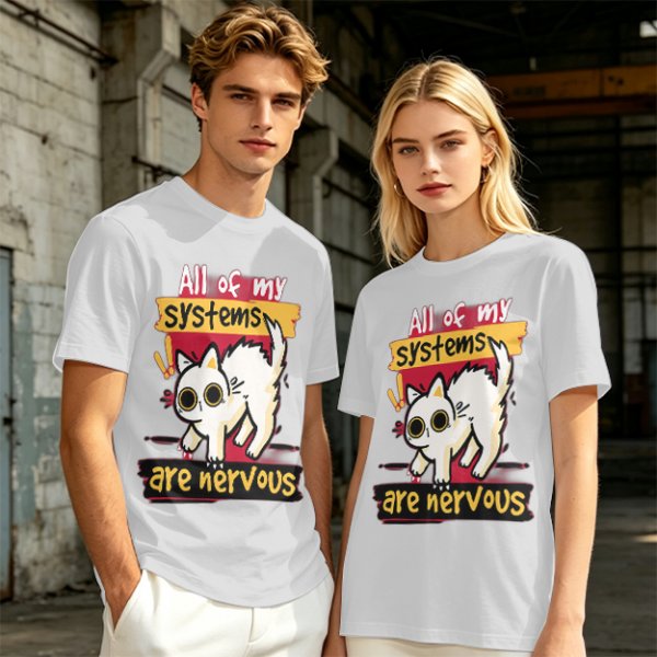 Olive graphic t-shirt with nervous white cat and 'All of my systems are nervous' text