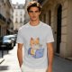 Olive T-Shirt With Cute Orange Cat Working On Laptop Print