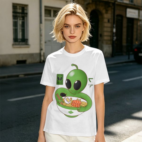 Olive Green T-Shirt With Cute Alien Eating Ramen Graphic