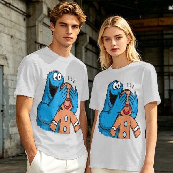Olive T-shirt with Cookie Monster covering gingerbread man’s eyes