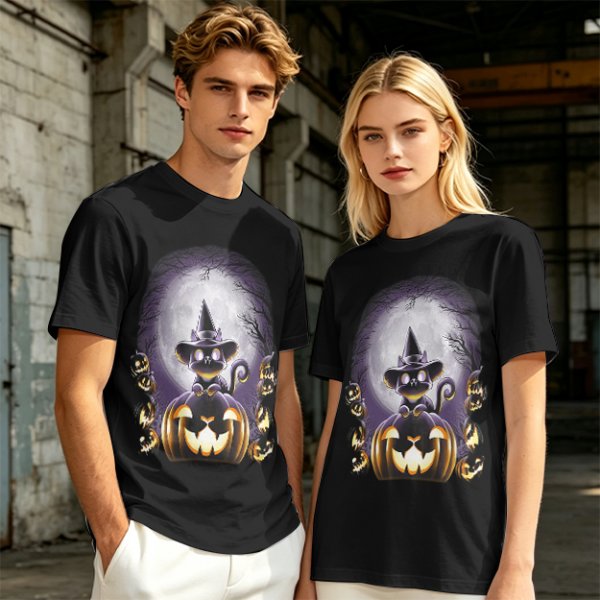 Halloween Black Cat Witch Jack-o'-lantern Graphic T-Shirt